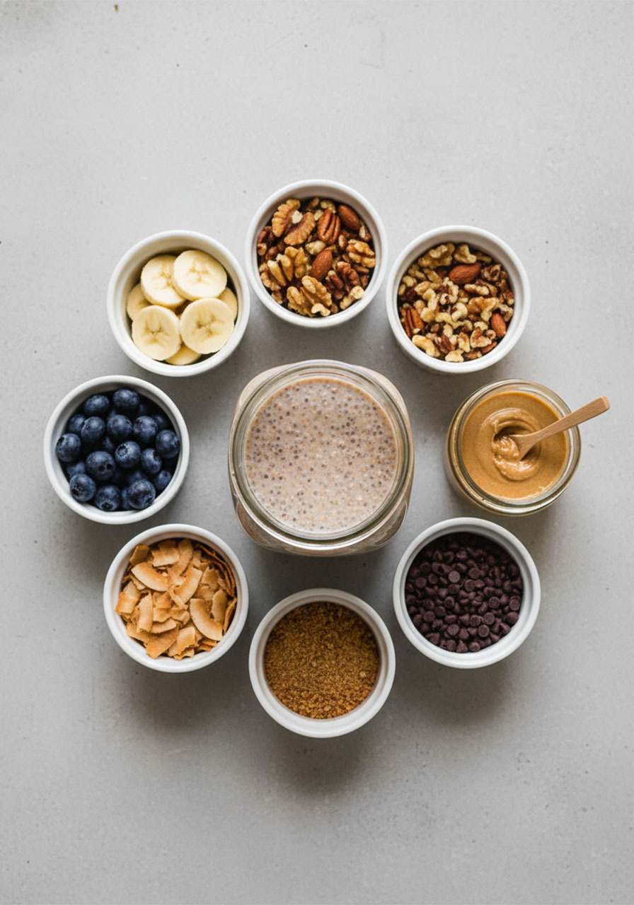 Overhead view of chai chia pudding jar surrounded by topping options including banana, blueberries, nuts, coconut flakes, and chocolate chips