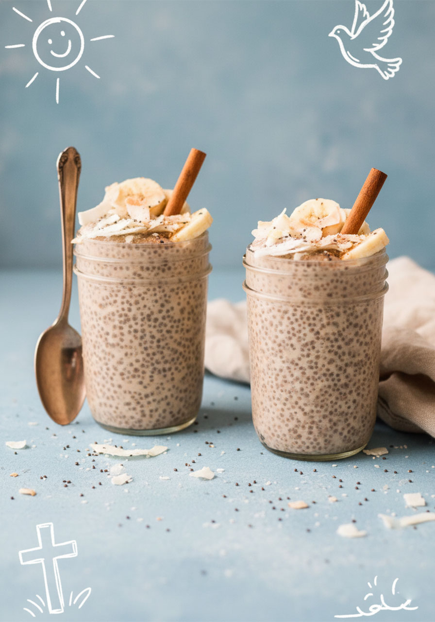 Two mason jars of creamy chai latte chia pudding topped with coconut flakes, banana slices, and cinnamon sticks on a gray concrete surface