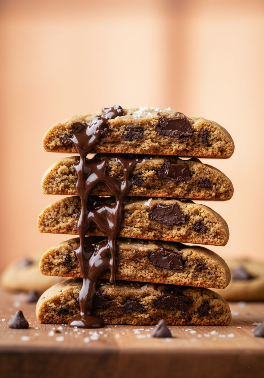 Stack of chewy vegan chocolate chip cookies broken in half showing soft gooey dairy-free interior with melted chocolate