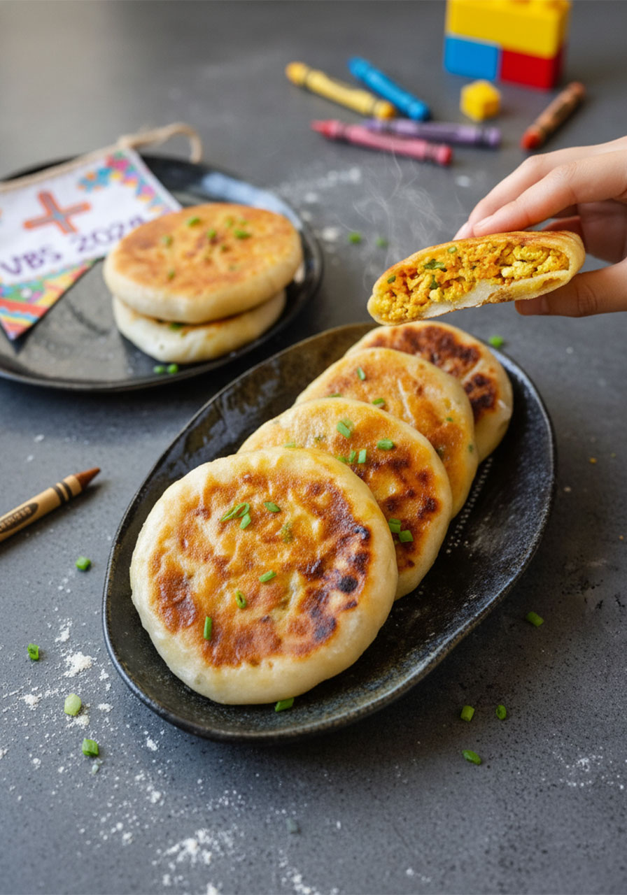 Golden Chinese savory stuffed pancakes with tofu and veggie filling on a dark plate, easy vegan breakfast