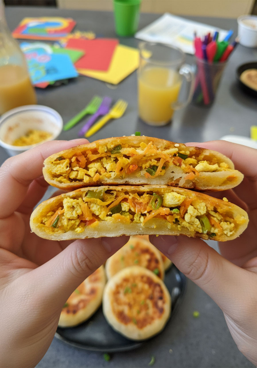 Close-up cross-section of Chinese stuffed pancake showing tofu carrot and scallion filling inside homemade dough