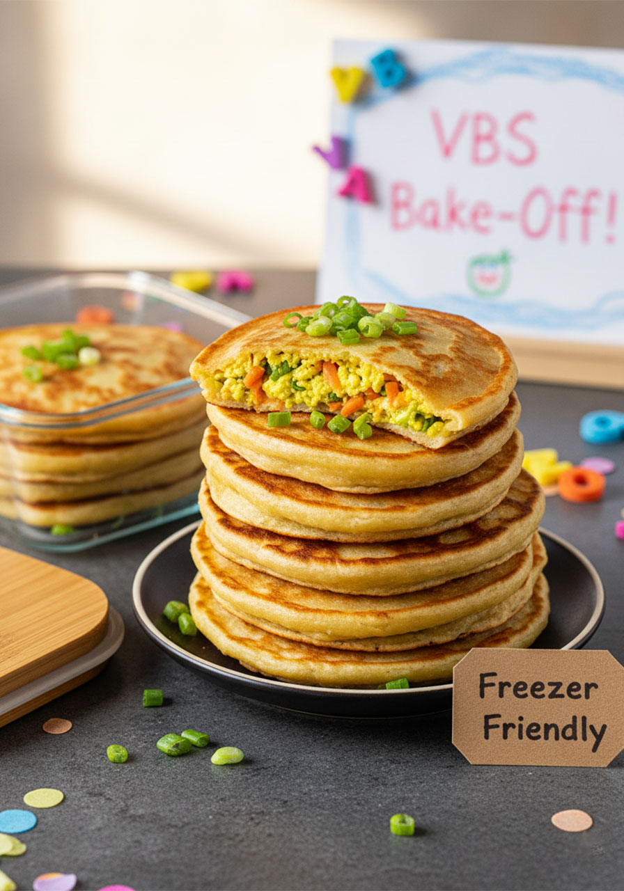 Stack of Chinese savory stuffed pancakes on a dark plate showing meal prep and freezer storage option for easy vegan breakfast