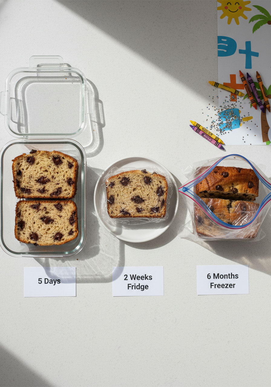 Three storage methods for chocolate chip banana bread showing airtight container fridge wrap and freezer bag options