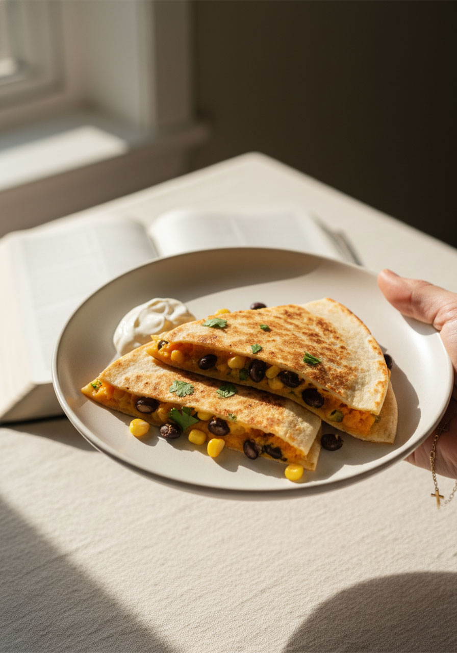 Woman's hands holding a plate of sweet potato black bean quesadillas with a Bible open in the background representing faith and healthy eating