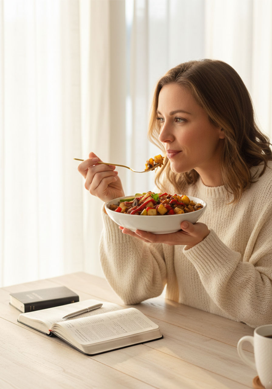 Christian woman enjoying a nourishing vegan breakfast hash during peaceful morning routine with Bible