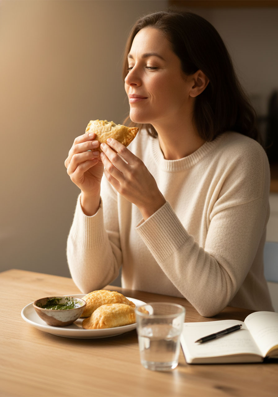 A woman enjoying a nourishing vegan lentil empanada meal at a sunlit kitchen table as part of a mindful faith-inspired routine