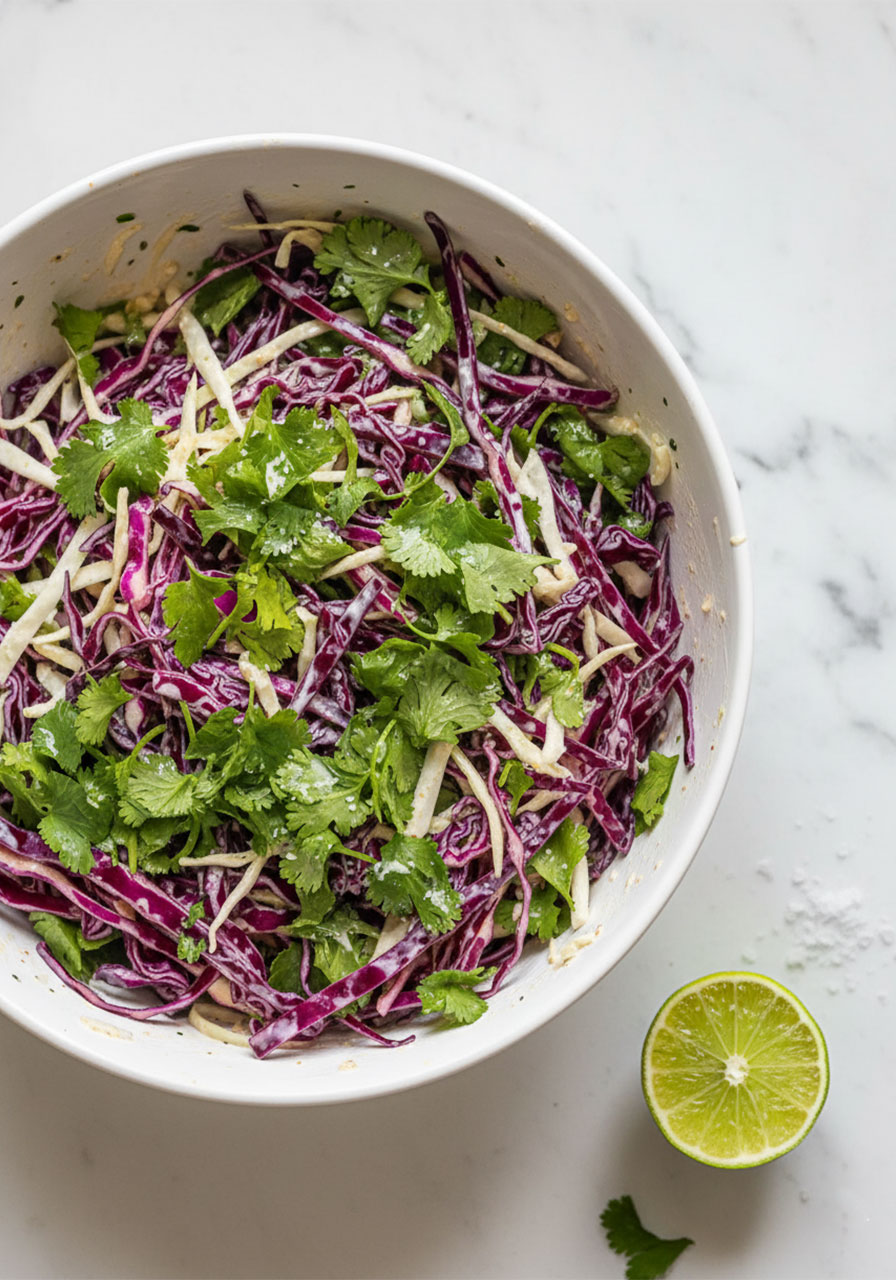 Close-up overhead view of cilantro lime purple cabbage slaw in a white bowl with fresh cilantro, lime juice, and Greek yogurt dressing for vegan tacos