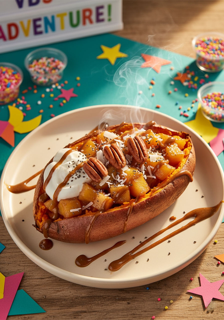 A baked sweet potato stuffed with warm cinnamon apples, almond butter drizzle, coconut yogurt and pecans for a cozy healthy breakfast