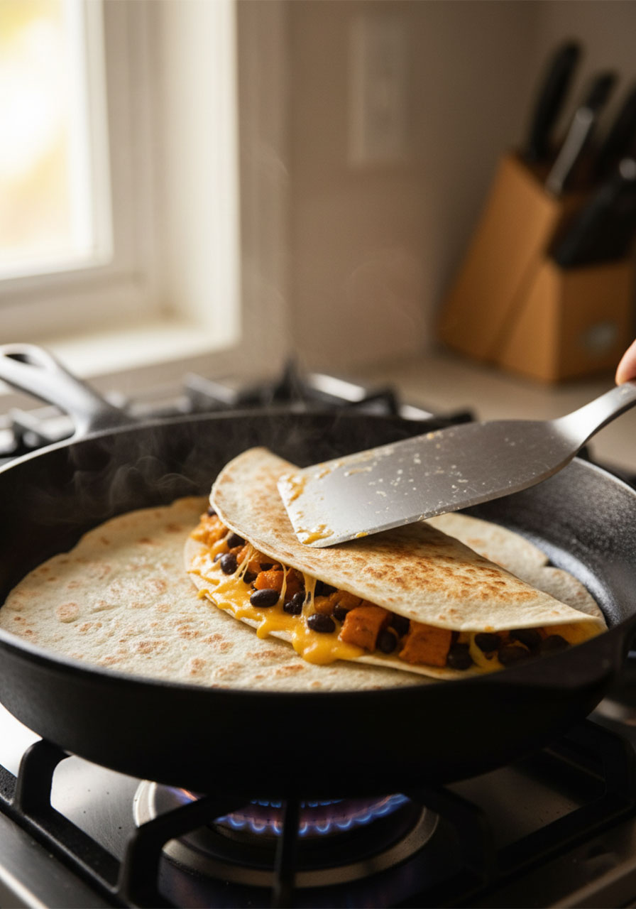 Spatula folding a golden-brown crispy veggie quesadilla in half in a cast iron skillet with melted cheese stretching at the edges