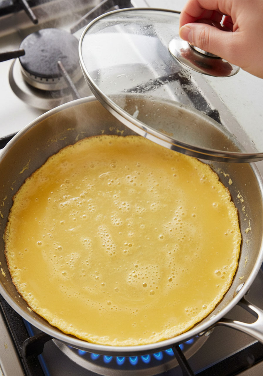 Vegan tofu omelette batter cooking in non-stick skillet with bubbles forming on surface and lid lifted showing steam