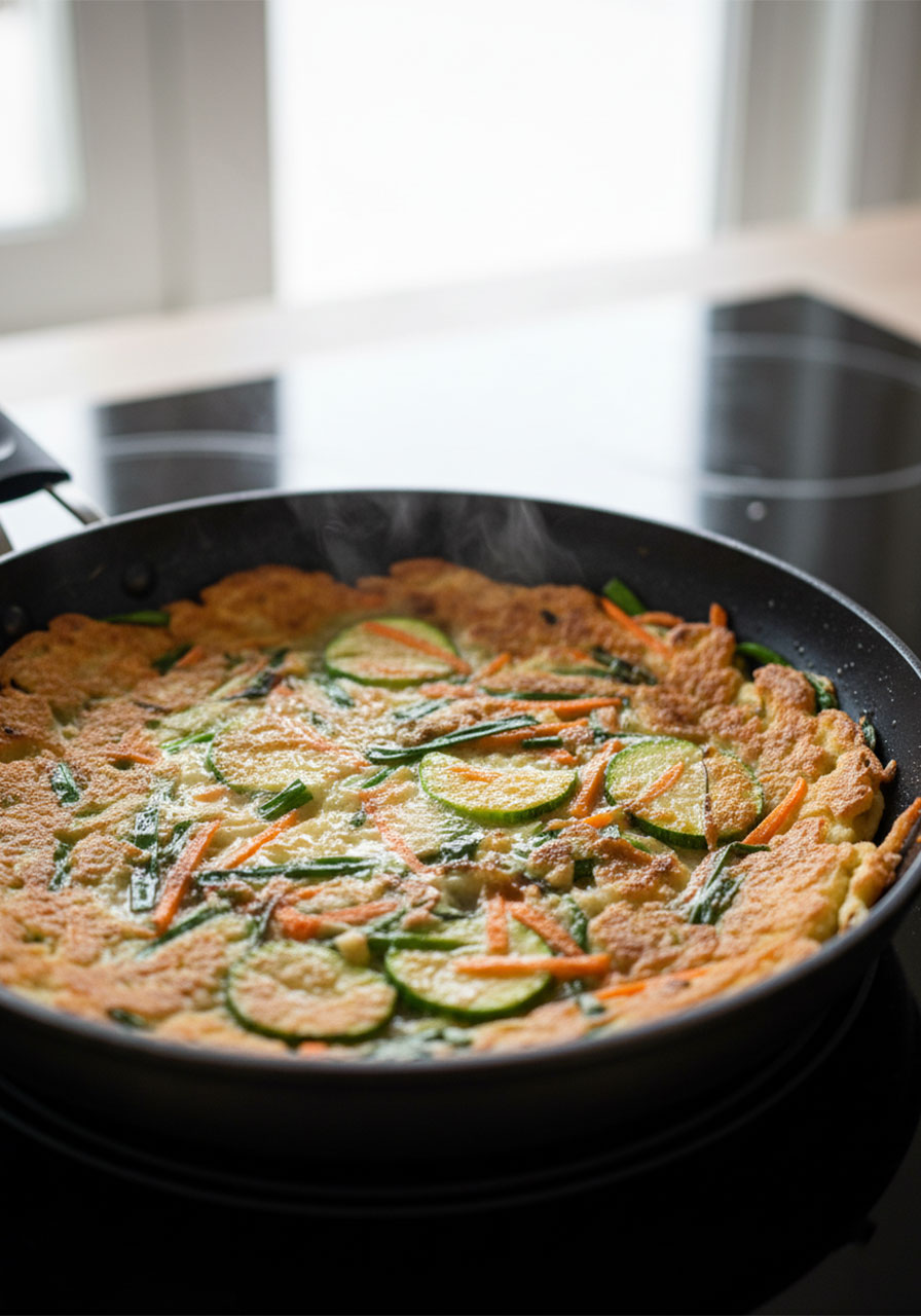 Korean vegetable pancake (Yachaejeon) cooking golden brown in a non-stick skillet on the stovetop with crispy char marks