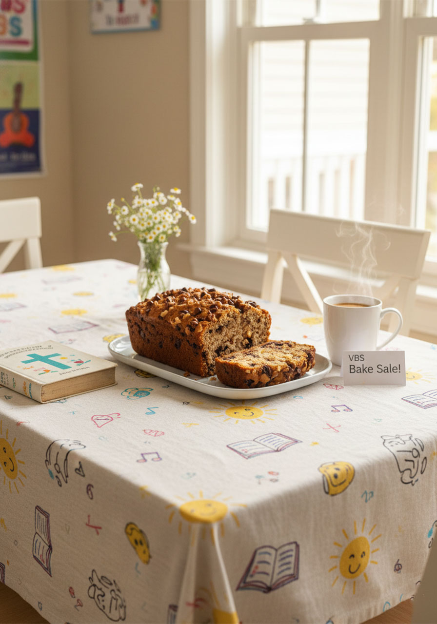 Cozy morning kitchen scene with chocolate chip banana bread coffee and a Bible on a light wood table