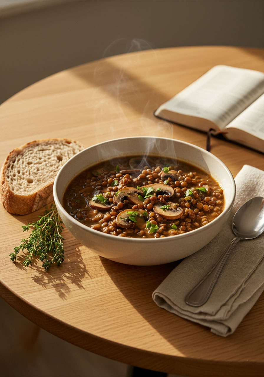Cozy bowl of vegan lentil mushroom stew served on a dining table with crusty bread and an open Bible