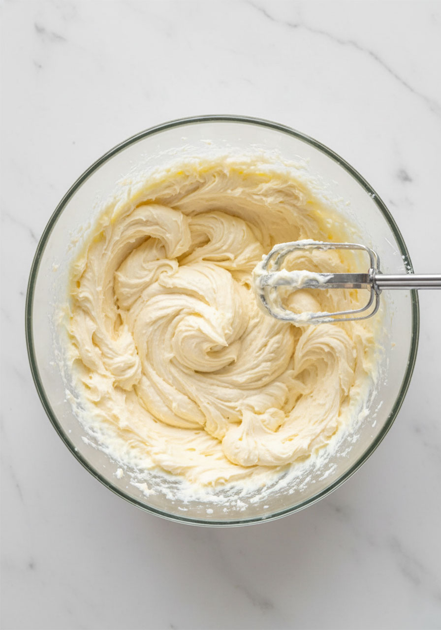 Properly creamed butter and sugar mixture in a glass bowl for strawberry sugar cookie dough