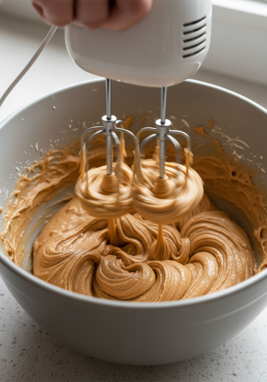 Vegan butter and brown sugar being creamed together in mixing bowl for dairy-free chocolate chip cookie dough