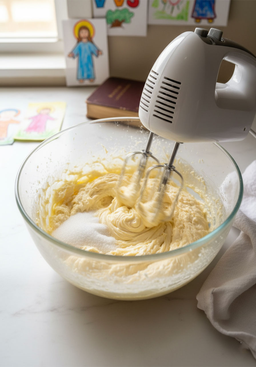 Vegan butter and granulated sugar being creamed together in a glass mixing bowl with a hand mixer for funfetti sugar cookies