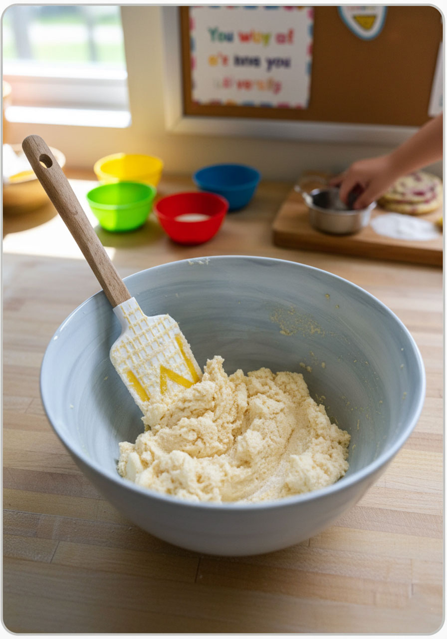 Creamed vegan butter, sugar, and lemon zest in a grey ceramic mixing bowl, first step of vegan lemon raspberry cookie dough