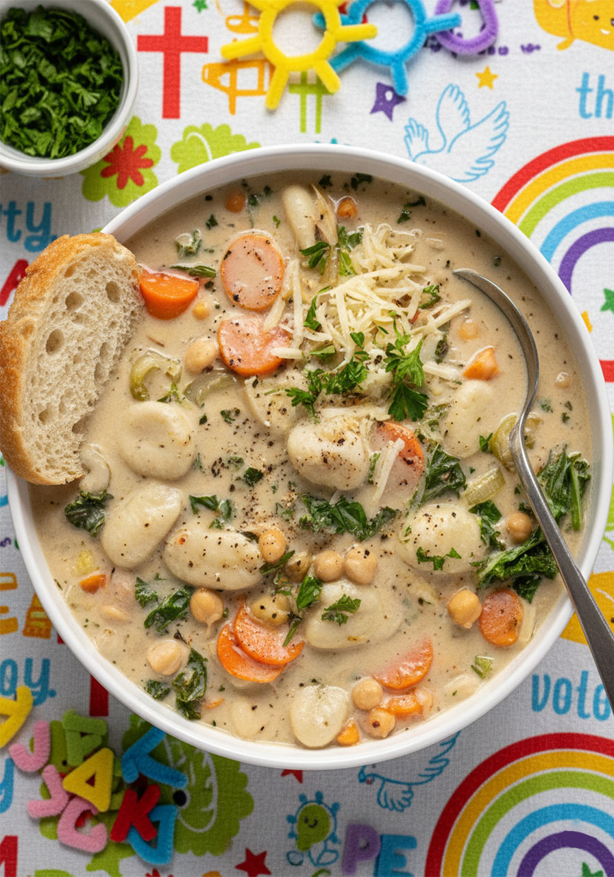 Creamy vegan chickpea gnocchi soup in a white bowl garnished with parsley and vegan Parmesan