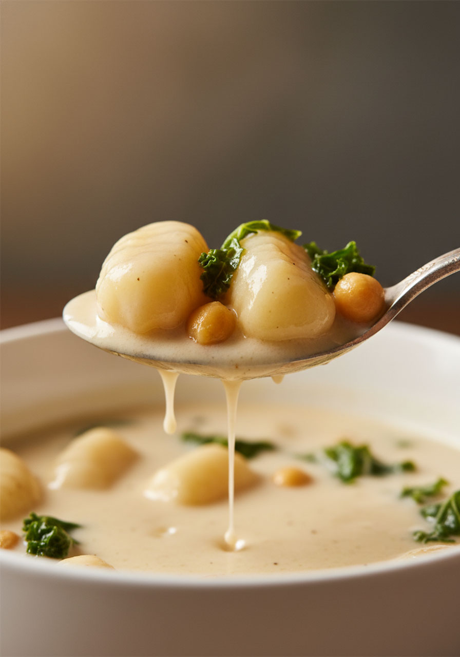 Close-up of a spoon lifting pillowy gnocchi and chickpeas from creamy vegan soup showing perfect texture