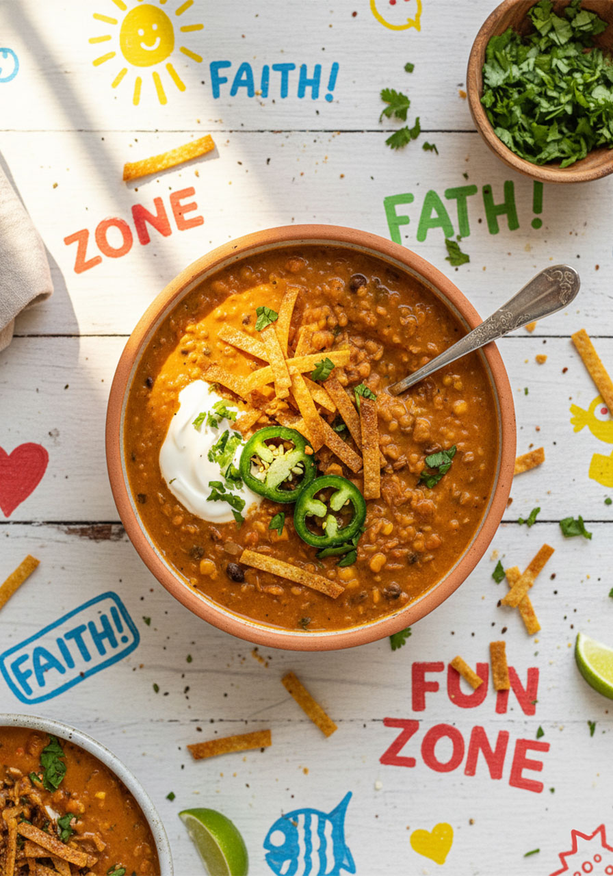 Creamy vegan lentil tortilla soup in a ceramic bowl topped with crispy tortilla strips, jalapeño, cashew cream, and fresh cilantro
