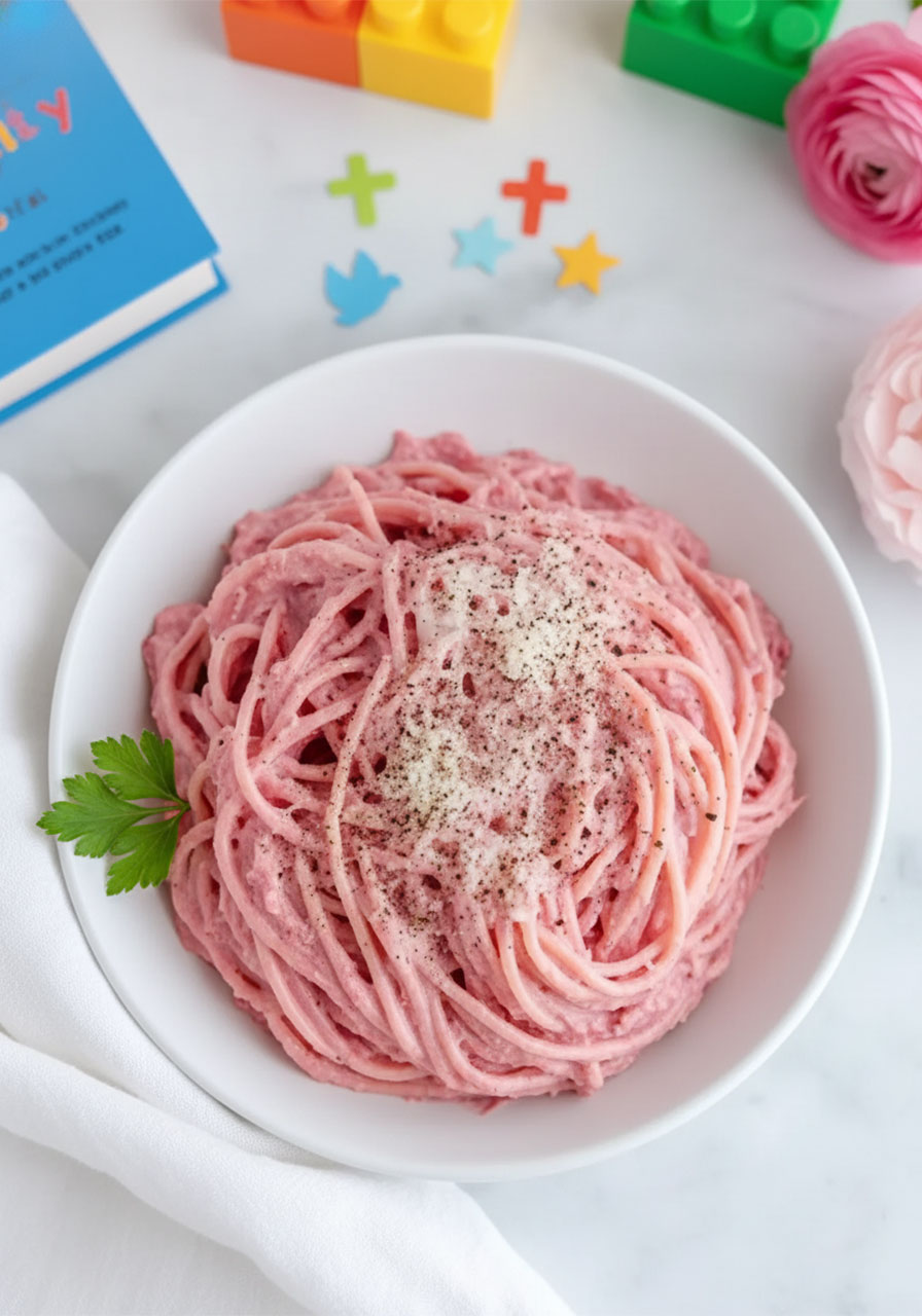 Creamy vegan pink pasta in a white bowl topped with vegan parmesan and fresh parsley
