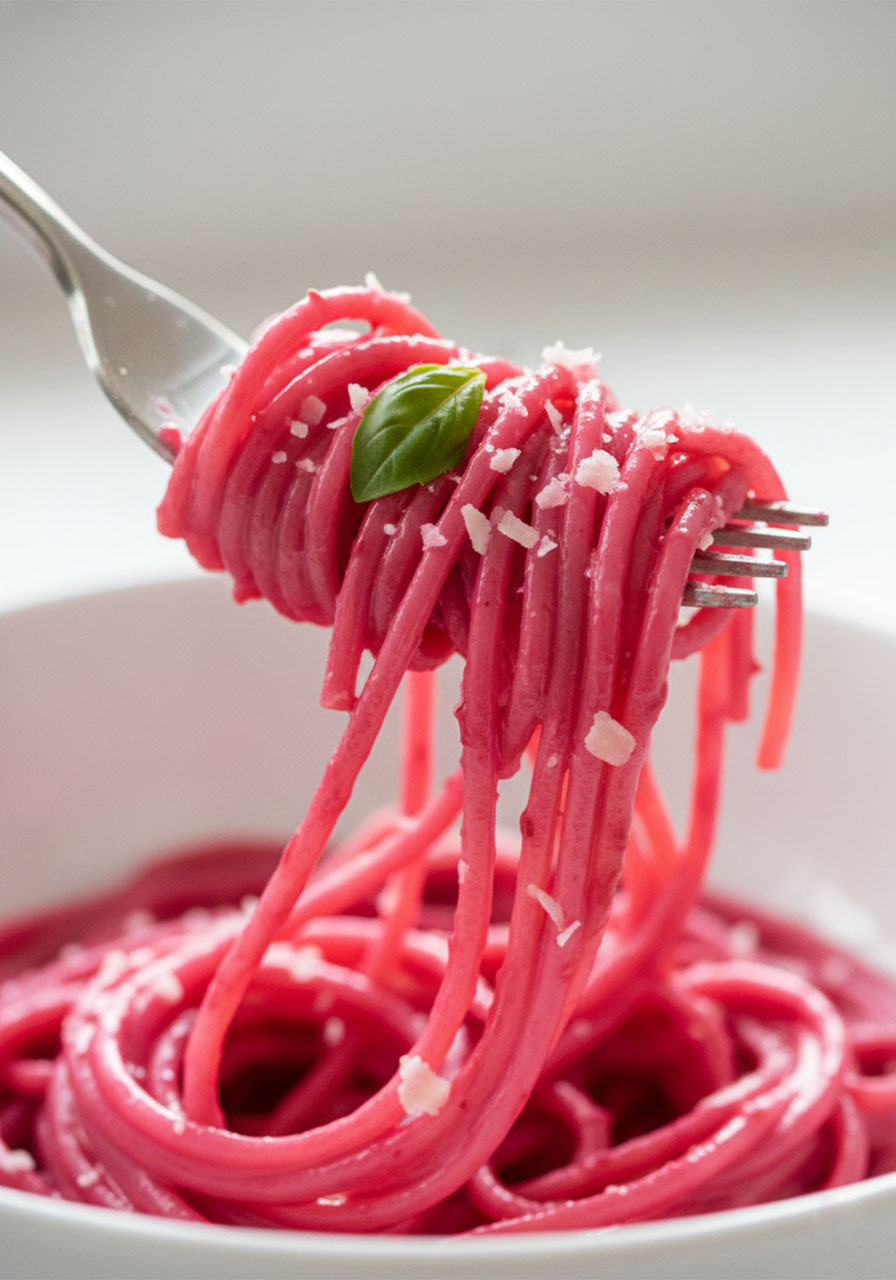 Close-up of creamy vegan pink pasta sauce coating spaghetti strands lifted on a fork from a white bowl