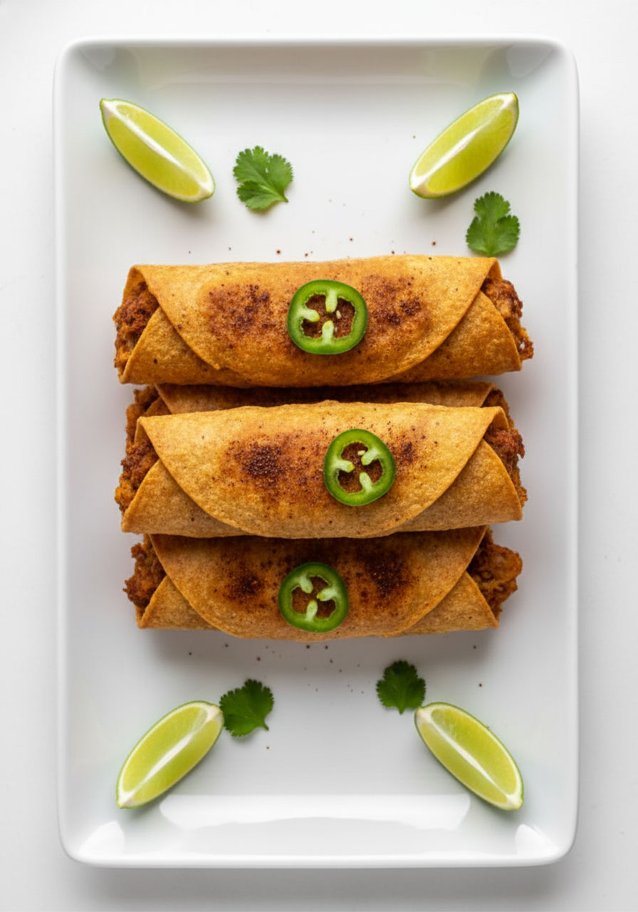 Four crispy golden air-fried vegan taquitos on a white platter garnished with jalapeño and lime