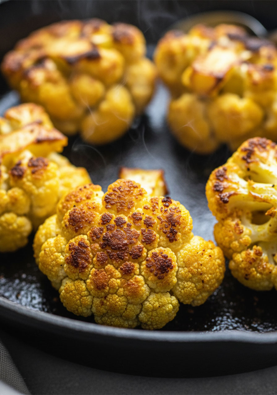 Close-up of golden crispy charred cauliflower florets in a hot skillet showing ideal sear texture for butter cauliflower