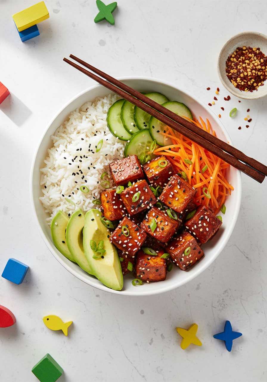 Crispy gochujang Korean tofu buddha bowl with rice, avocado, carrots, cucumber and sesame seeds