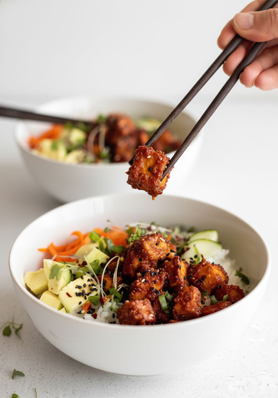 Chopsticks lifting a crispy gochujang-glazed tofu cube from a vegan Korean tofu buddha bowl with rice and fresh vegetables