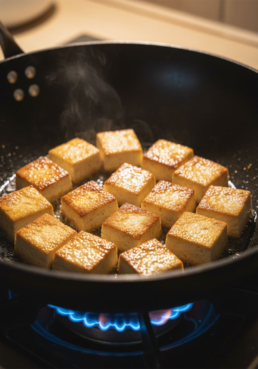 Golden brown crispy tofu cubes searing in a hot wok to get a perfect crust for stir-fry