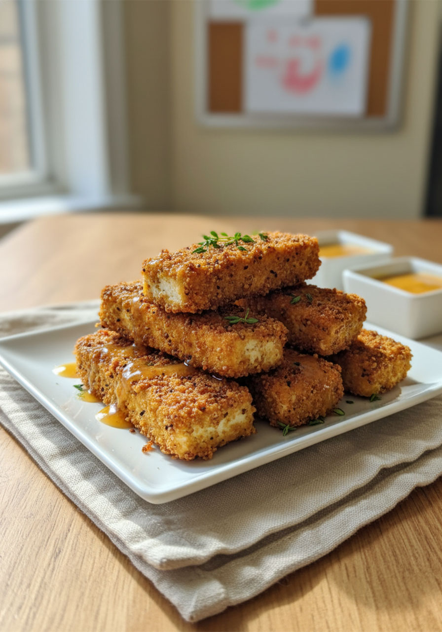 Crispy baked honey mustard tofu tenders stacked on white plate with dipping sauce – high protein vegan dinner