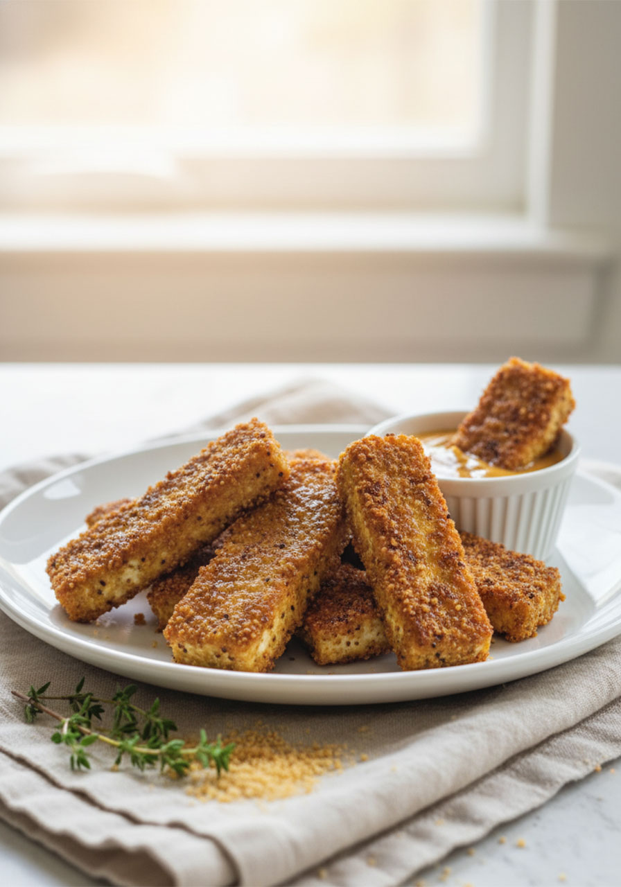 Crispy honey mustard baked tofu tenders on white plate – easy high protein vegan dinner recipe