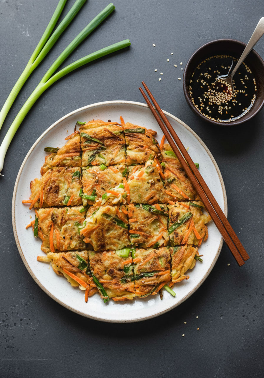 Crispy Korean vegetable pancakes (Yachaejeon) sliced into bite-sized pieces served on a white plate with soy-sesame dipping sauce
