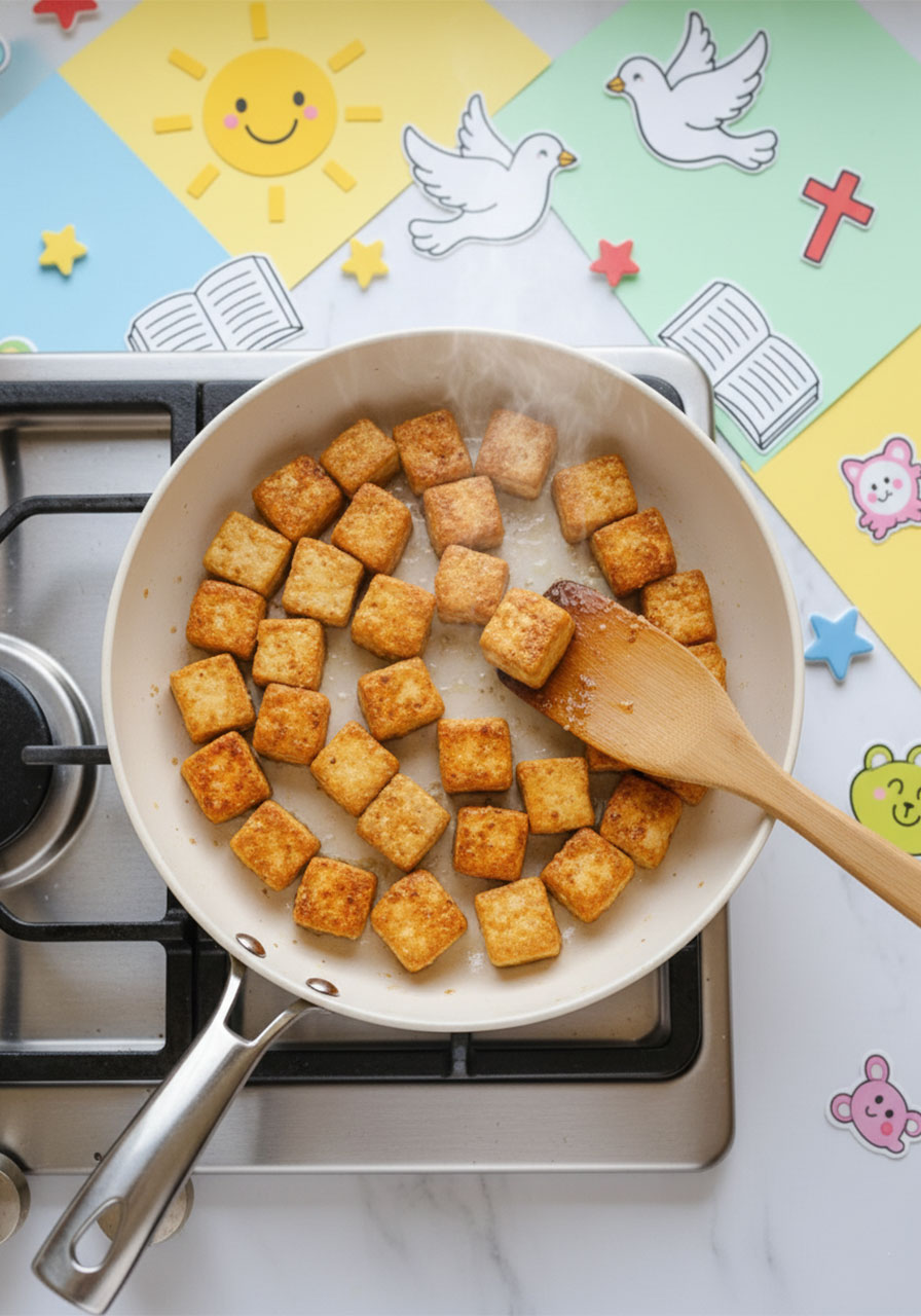 Golden crispy tofu cubes pan-frying in a white nonstick skillet on a stovetop, being turned with a spatula