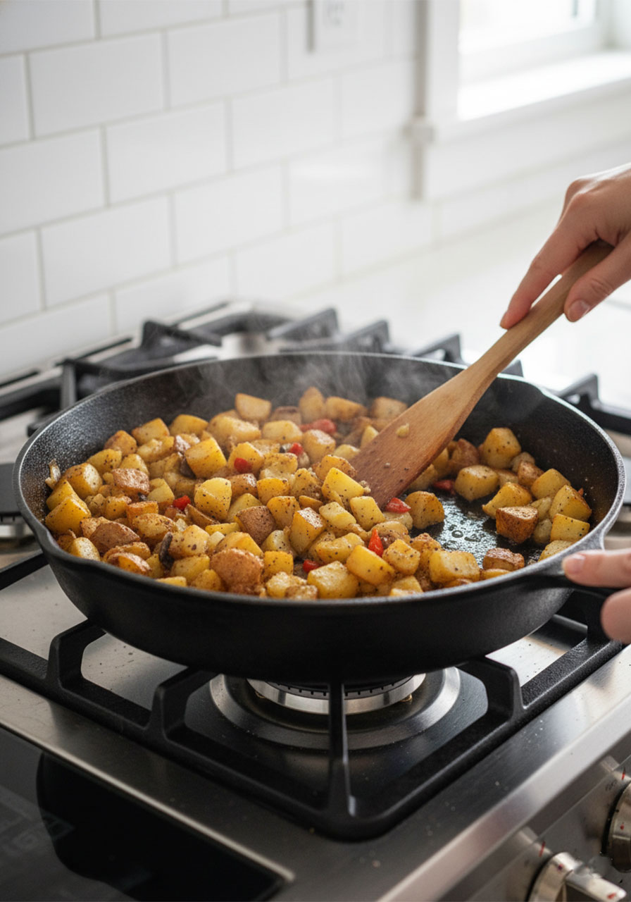 Diced golden potatoes cooking in a skillet until crispy for vegan breakfast hash recipe