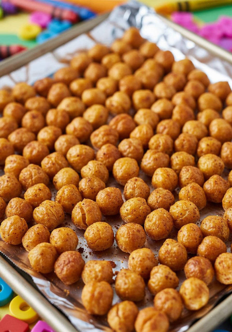 Close-up of crispy golden roasted chickpeas with shawarma spices on baking sheet