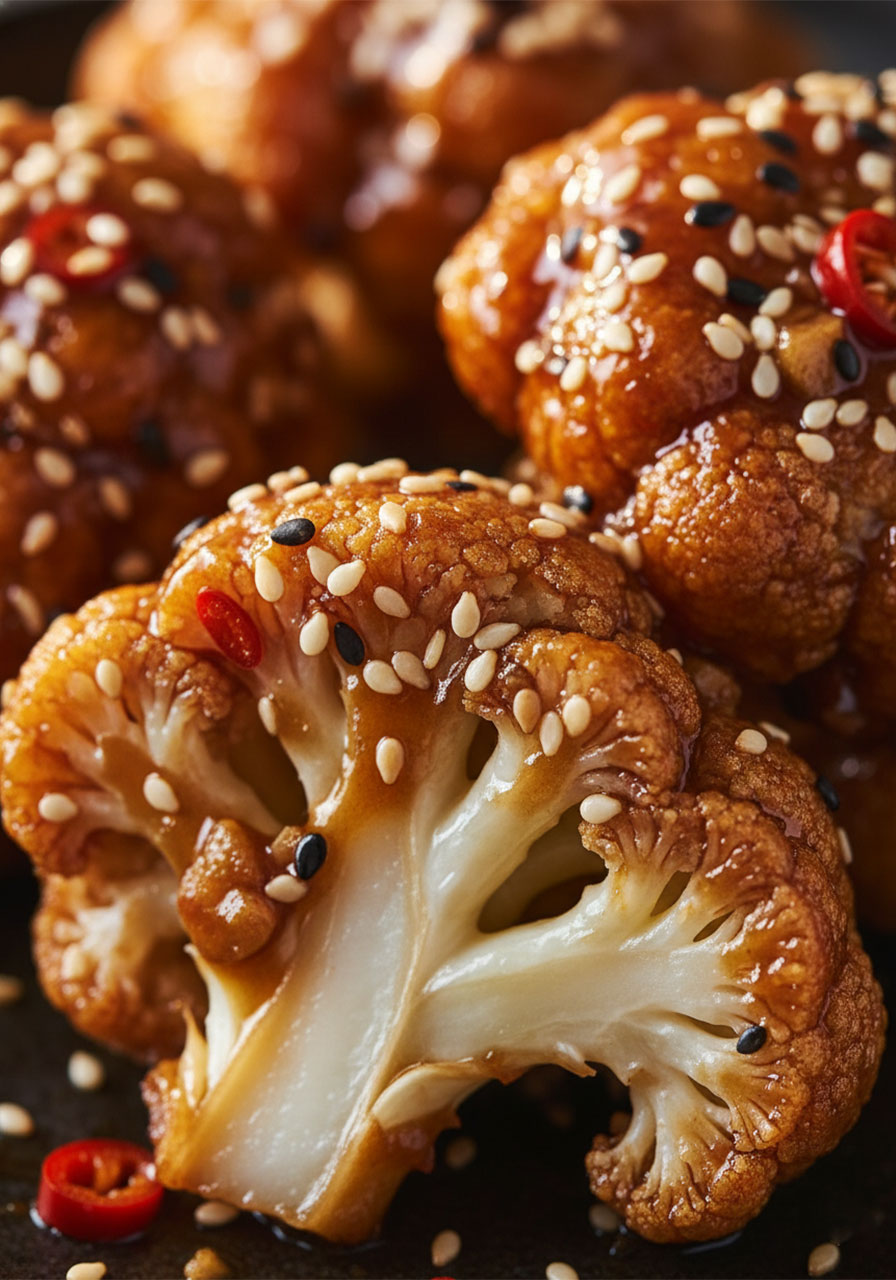 Close-up of crispy sticky sesame cauliflower florets coated in glossy sesame glaze with sesame seeds and chili flakes