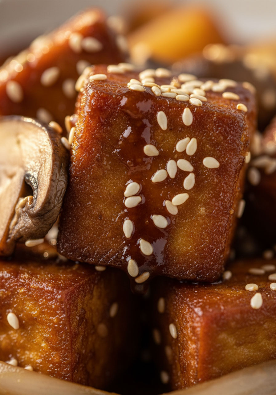 Close-up of crispy tofu cube coated in glossy garlic ginger soy sauce with sesame seeds for vegan stir-fry