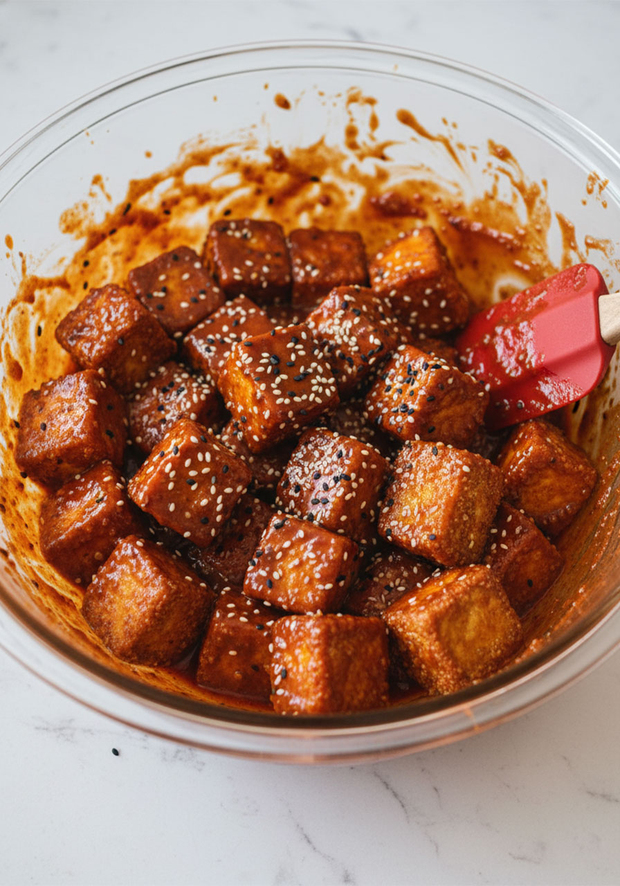 Crispy baked tofu cubes freshly tossed in glossy homemade gochujang sauce in a glass bowl showing rich red-orange coating
