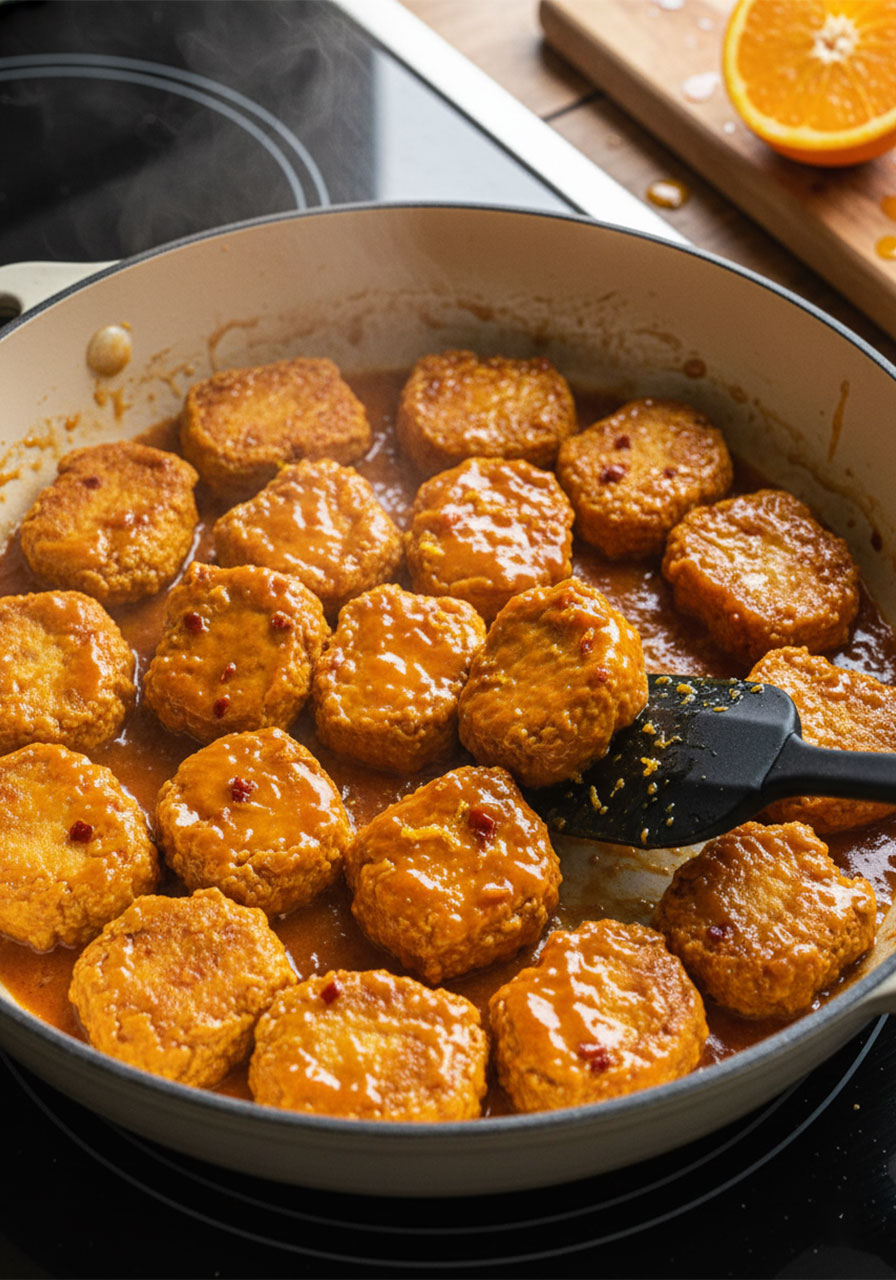 Crispy tofu nuggets being tossed in thick glossy homemade orange sauce in a skillet, ready to serve over rice