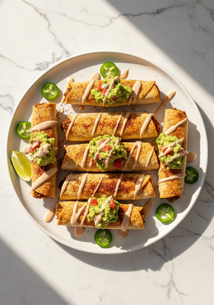 Crispy vegan taquitos on a white plate topped with guacamole and southwest dressing
