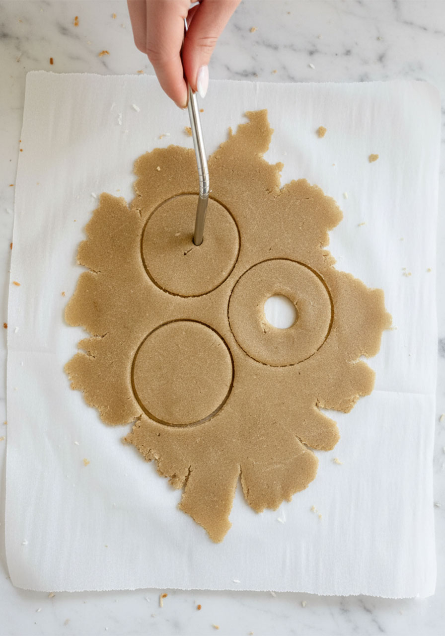 Cutting ring-shaped gluten-free shortbread cookie dough circles with center hole using a metal straw