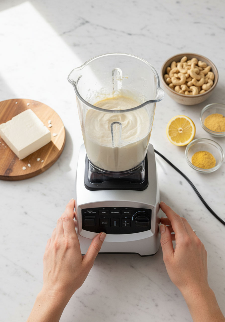 Homemade dairy-free cashew tofu ricotta blending in a high-speed blender for vegan stuffed shells