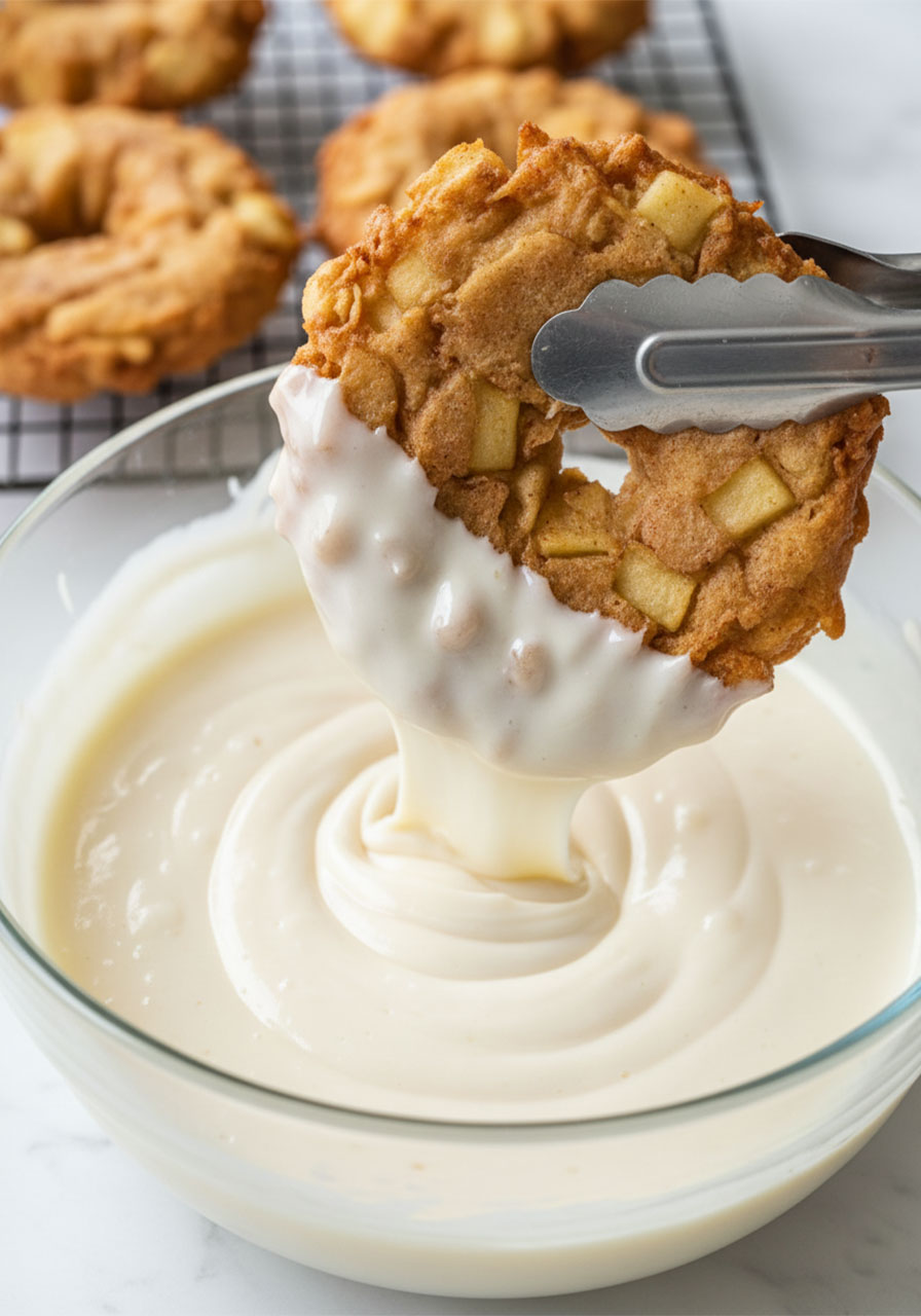 Apple fritter being dipped into vanilla glaze using tongs in a clear glass bowl