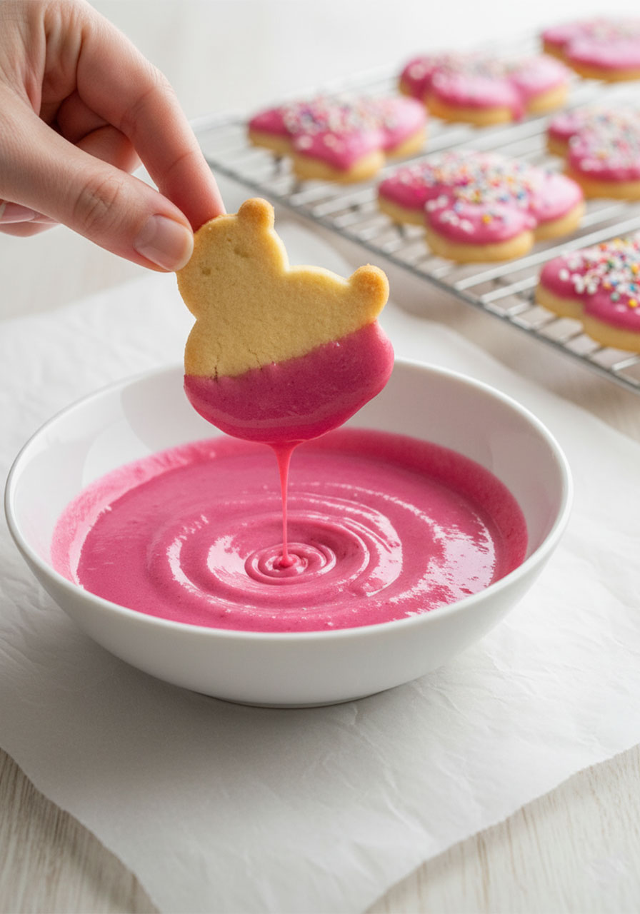 Hand dipping a homemade vegan animal cracker cookie into naturally pink beet glaze for dairy-free frosted cookies