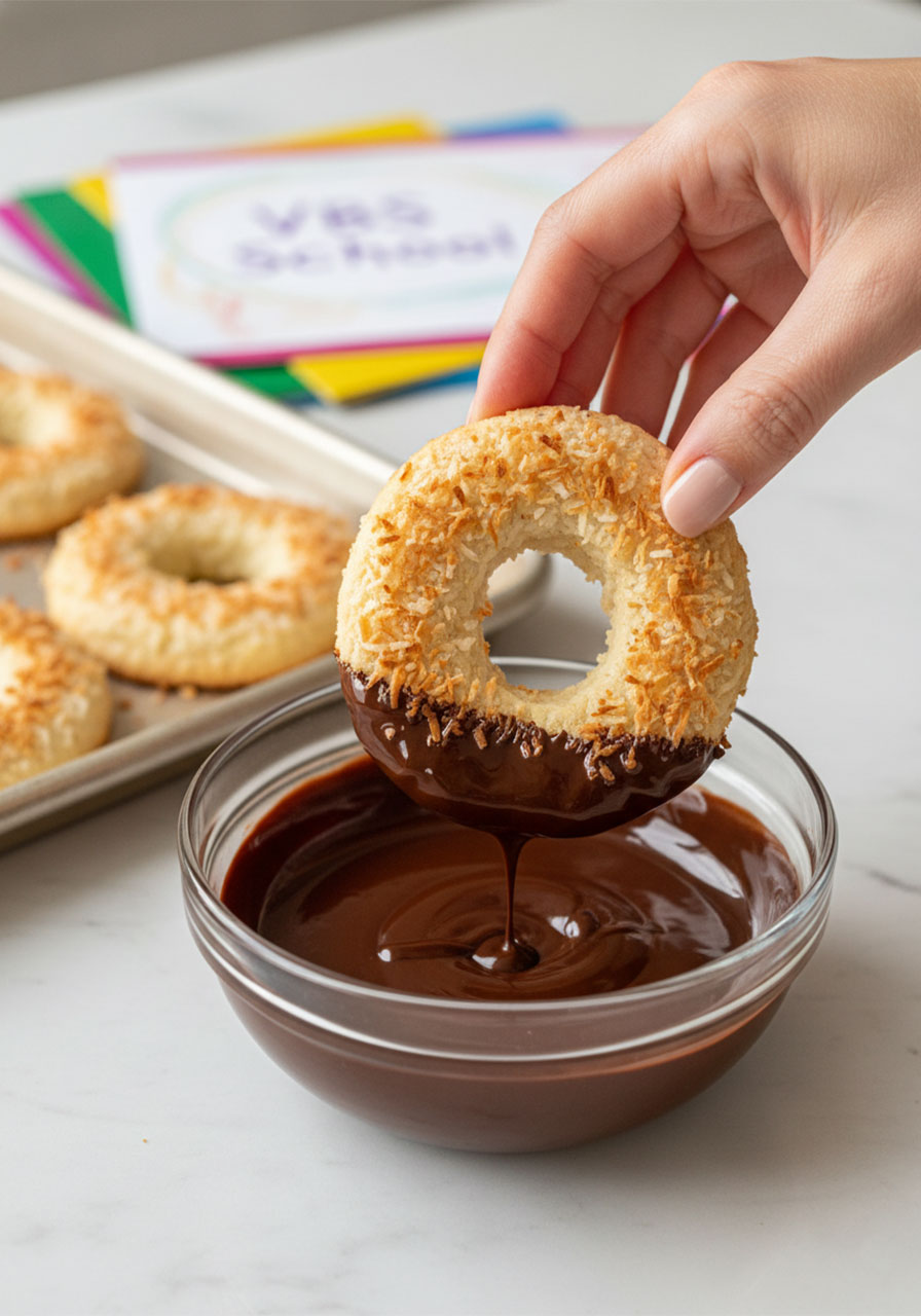 Dipping bottom of homemade vegan gluten-free Samoa cookie into melted dark chocolate during final assembly step