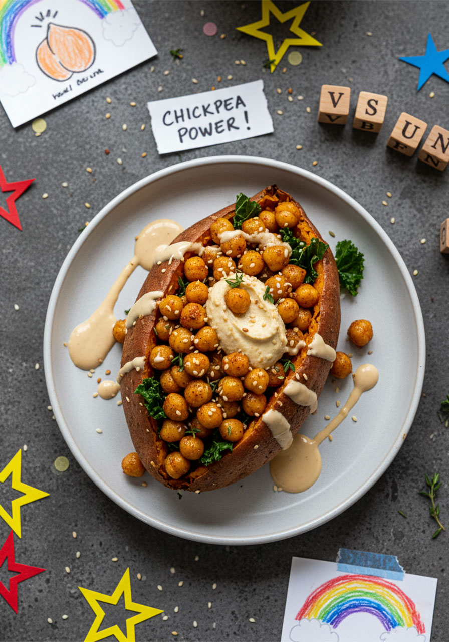 A baked sweet potato stuffed with crispy spiced chickpeas, kale, hummus and tahini drizzle on a gray ceramic plate