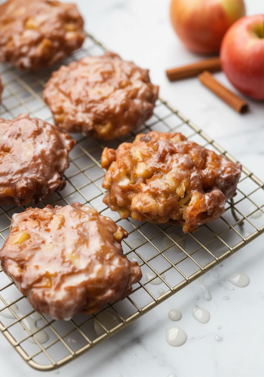 Easy vegan apple fritters coated in vanilla glaze cooling on a wire rack