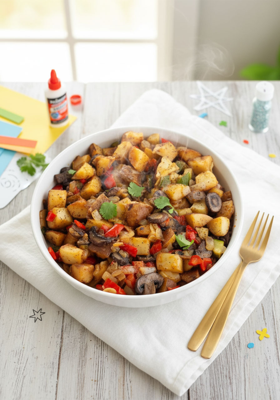 Easy vegan breakfast hash in a white bowl with crispy potatoes, mushrooms, red peppers, and zucchini